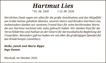 Traueranzeige von Hartmut Lies von SYK