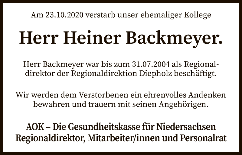  Traueranzeige für Heiner Backmeyer vom 29.10.2020 aus SYK