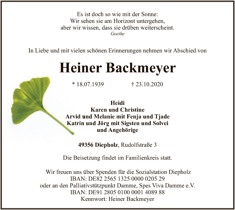  Traueranzeige für Heiner Backmeyer vom 27.10.2020 aus SYK