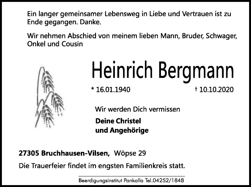  Traueranzeige für Heinrich Bergmann vom 13.10.2020 aus SYK