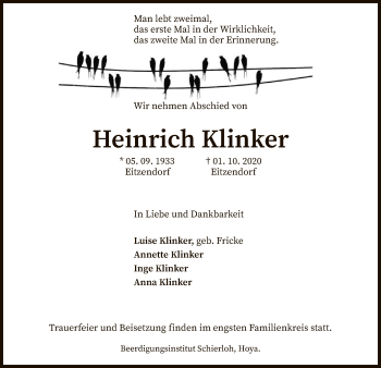 Traueranzeige von Heinrich Klinker von SYK