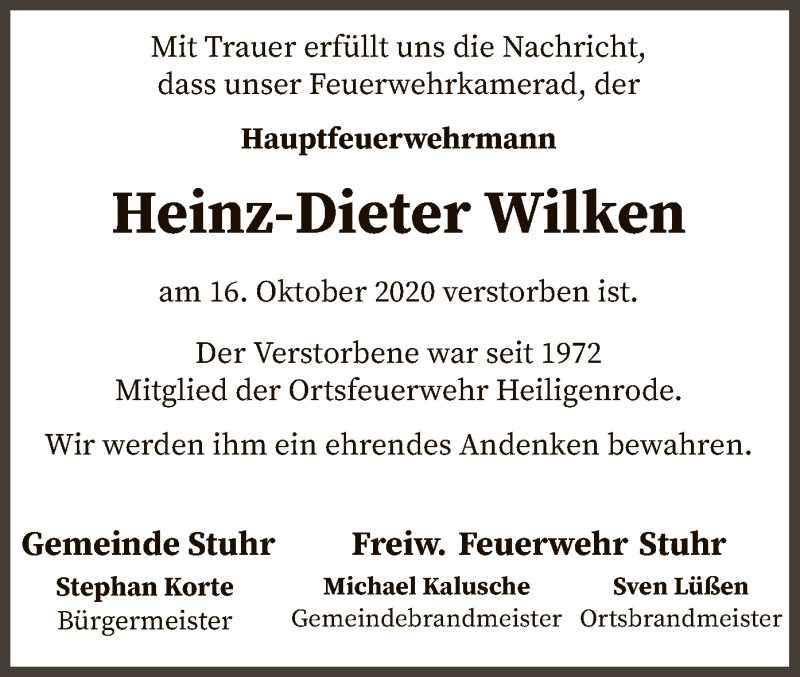  Traueranzeige für Heinz-Dieter Wilken vom 24.10.2020 aus SYK