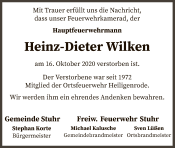 Traueranzeige von Heinz-Dieter Wilken von SYK