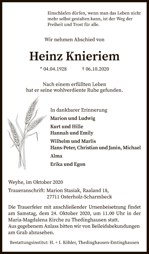  Traueranzeige für Heinz Knieriem vom 17.10.2020 aus SYK