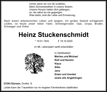 Traueranzeige von Heinz Stuckenschmidt von SYK