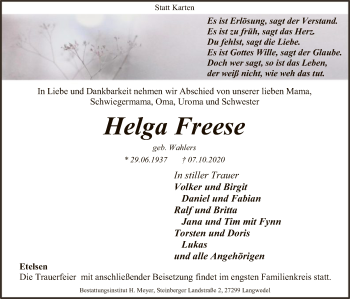 Traueranzeige von Helga Freese von SYK