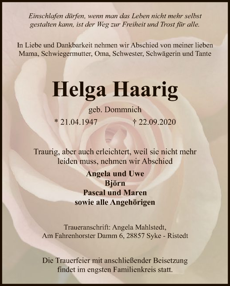  Traueranzeige für Helga Haarig vom 05.10.2020 aus SYK