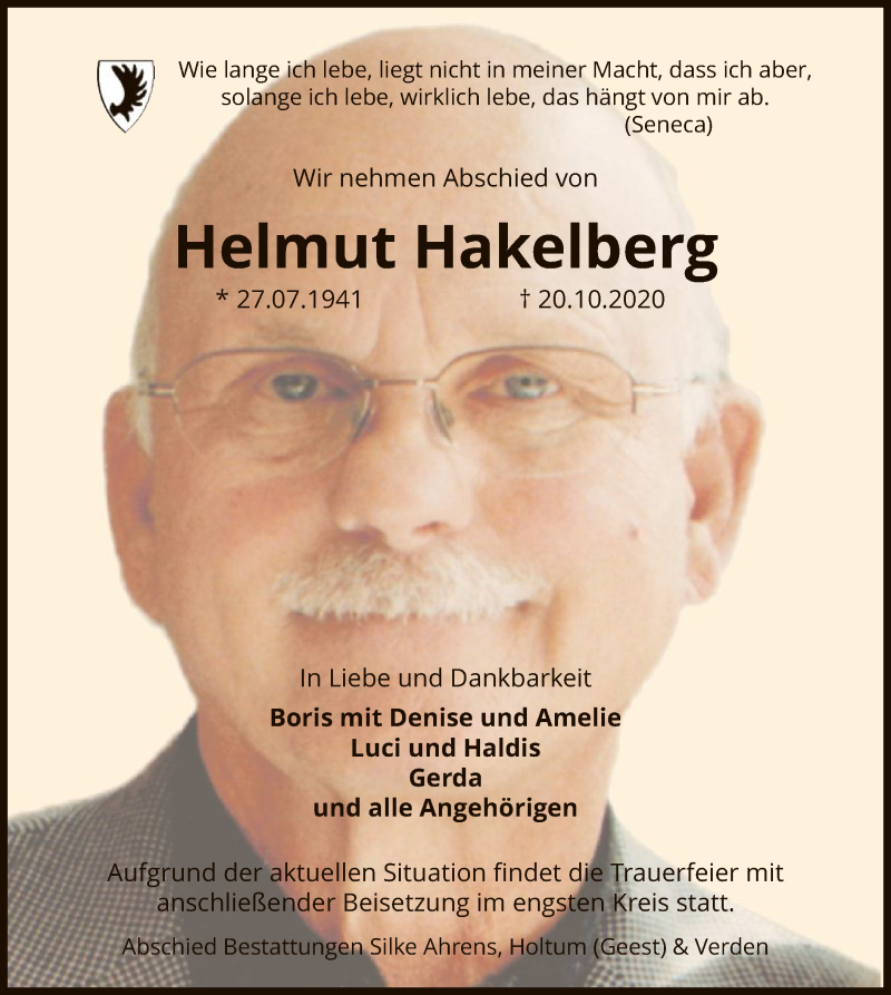  Traueranzeige für Helmut Hakelberg vom 24.10.2020 aus SYK