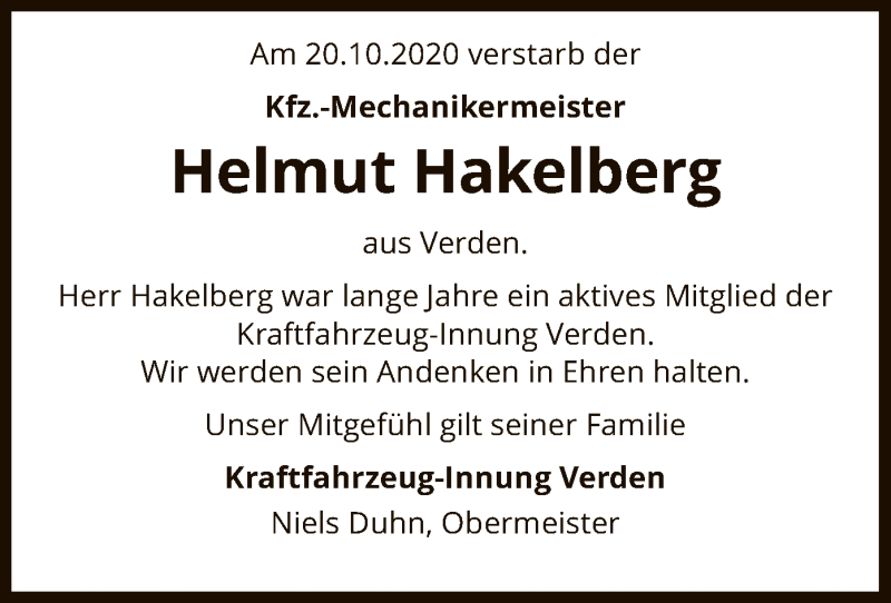  Traueranzeige für Helmut Hakelberg vom 27.10.2020 aus SYK