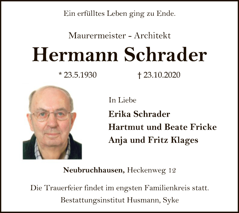  Traueranzeige für Hermann Schrader vom 24.10.2020 aus SYK