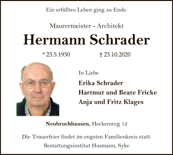 Traueranzeige von Hermann Schrader von SYK