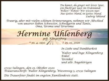 Traueranzeige von Hermine Uhlenberg von SYK