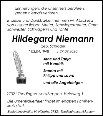 Traueranzeige von Hildegard Niemann von SYK