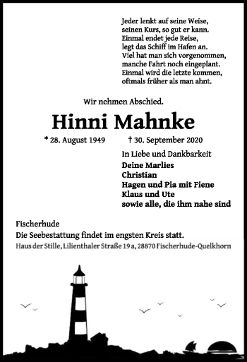 Traueranzeige von Hinni Mahnke von SYK