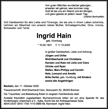 Traueranzeige von Ingrid Hain von SYK