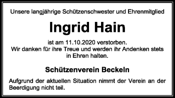 Traueranzeige von Ingrid Hain von SYK