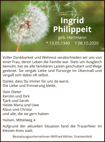 Traueranzeige von Ingrid Philippeit von SYK