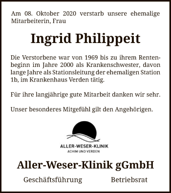 Traueranzeige von Ingrid Philippeit von SYK