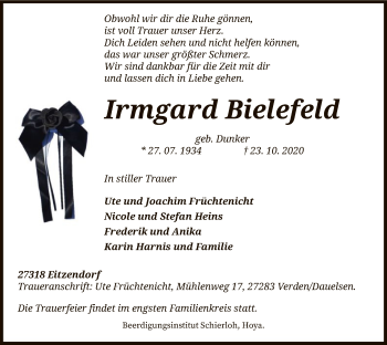 Traueranzeige von Irmgard Bielefeld von SYK