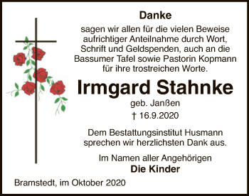 Traueranzeige von Irmgard Stahnke von SYK