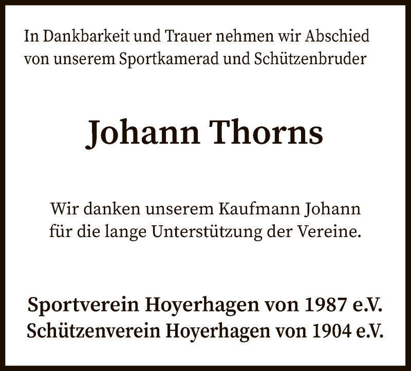  Traueranzeige für Johann Thorns vom 09.10.2020 aus SYK