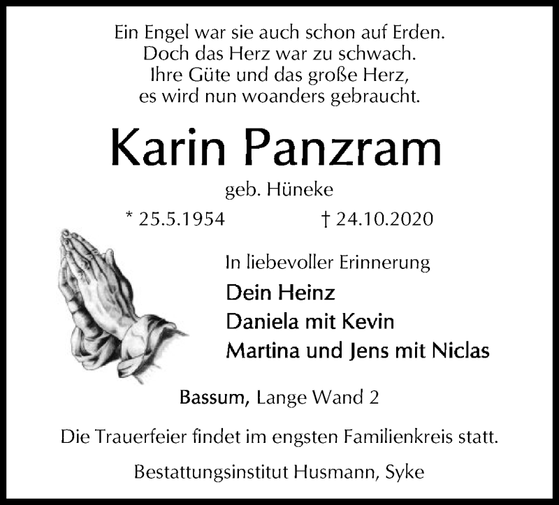  Traueranzeige für Karin Panzram vom 30.10.2020 aus SYK