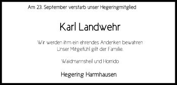 Traueranzeige von Karl Landwehr von SYK