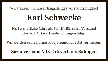 Traueranzeige von Karl Schwecke von SYK