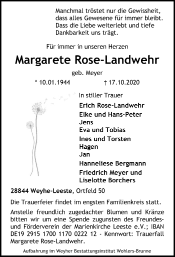 Traueranzeige von Margarete Rose-Landwehr von SYK