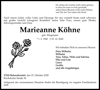 Traueranzeige von Marieanne Köhne von SYK