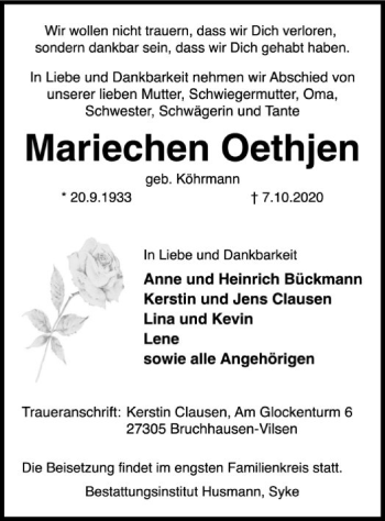 Traueranzeige von Mariechen Oethjen von SYK