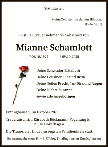 Traueranzeige von Mianne Schamlott von SYK