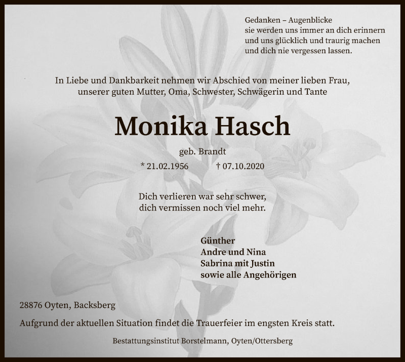  Traueranzeige für Monika Hasch vom 10.10.2020 aus SYK