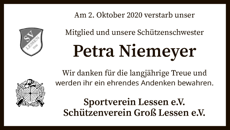  Traueranzeige für Petra Niemeyer vom 13.10.2020 aus SYK
