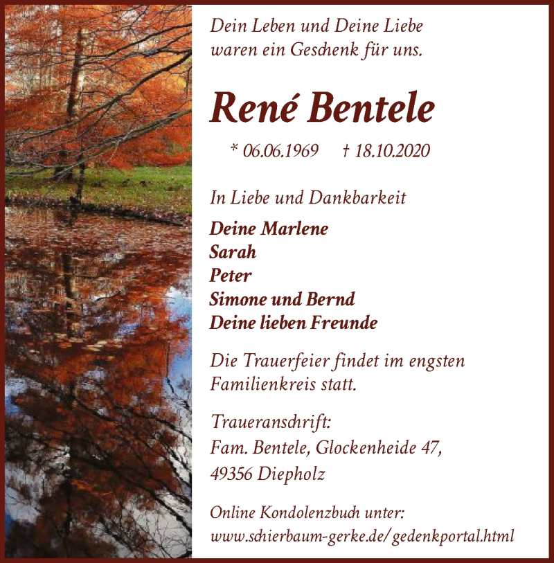  Traueranzeige für René Bentele vom 21.10.2020 aus SYK