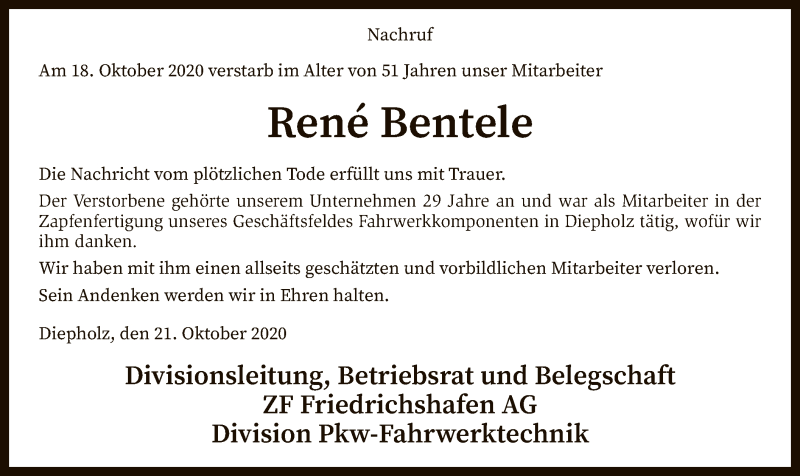  Traueranzeige für René Bentele vom 22.10.2020 aus SYK