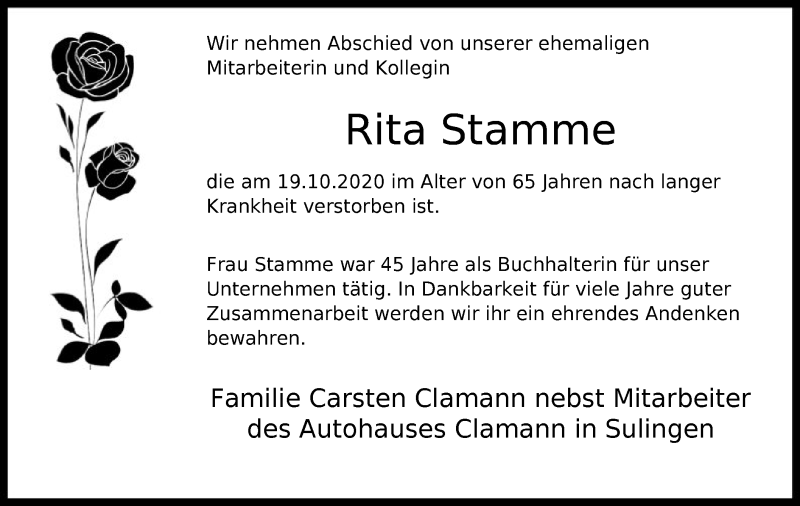  Traueranzeige für Rita Stamme vom 24.10.2020 aus SYK