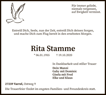 Traueranzeige von Rita Stamme von SYK