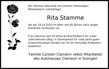 Traueranzeige von Rita Stamme von SYK