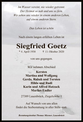 Traueranzeige von Siegfried Goetz von SYK