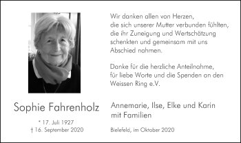 Traueranzeige von Sophie Fahrenholz von SYK