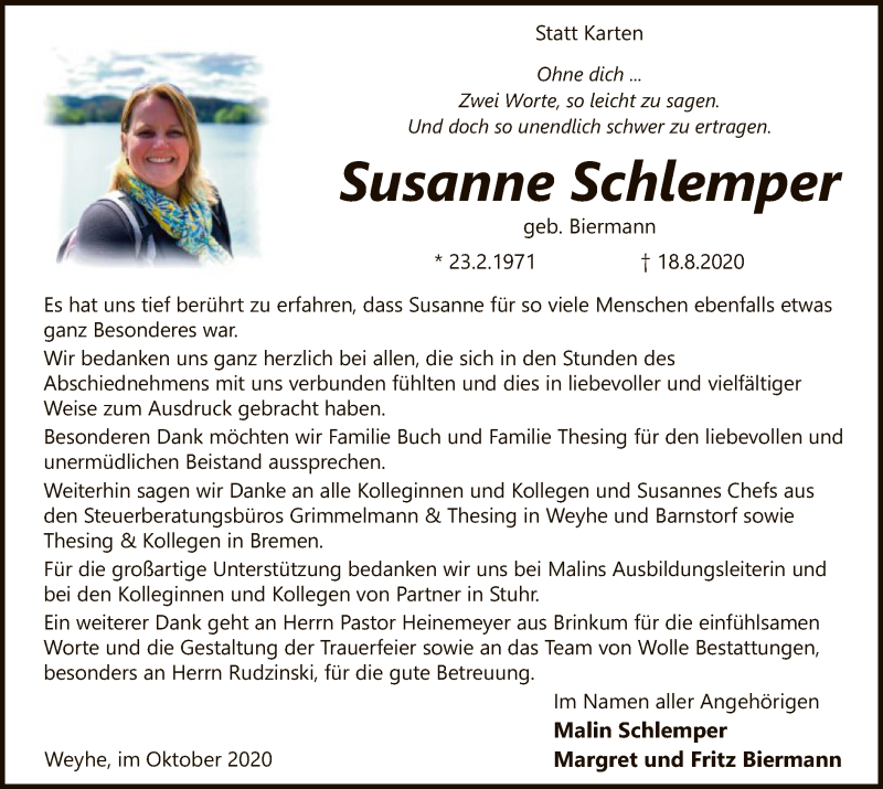  Traueranzeige für Susanne Schlemper vom 24.10.2020 aus SYK