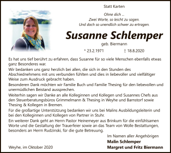 Traueranzeige von Susanne Schlemper von SYK