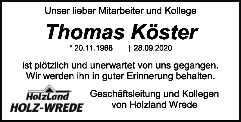  Traueranzeige für Thomas Köster vom 02.10.2020 aus SYK