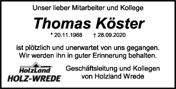 Traueranzeige von Thomas Köster von SYK