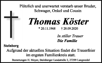 Traueranzeige von Thomas Köster von SYK