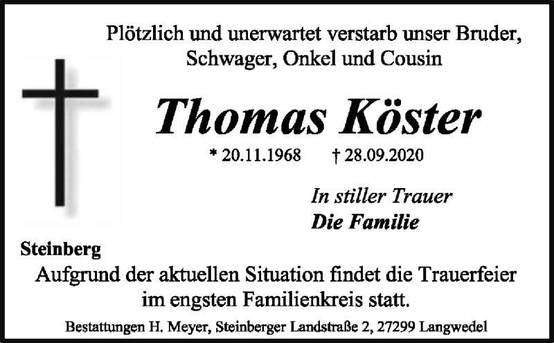  Traueranzeige für Thomas Köster vom 02.10.2020 aus SYK