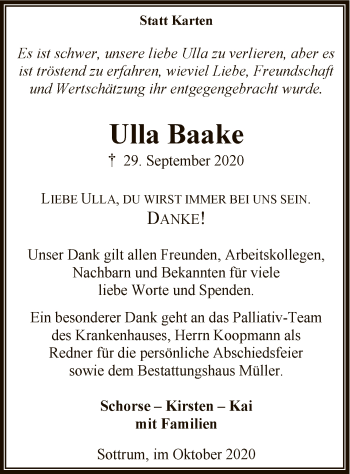 Traueranzeige von Ulla Baake von SYK