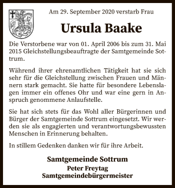 Traueranzeige von Ursula Baake von SYK