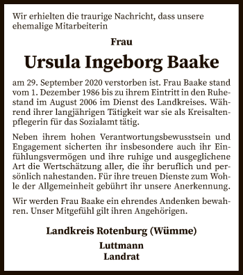 Traueranzeige von Ursula Ingeborg Baake von SYK